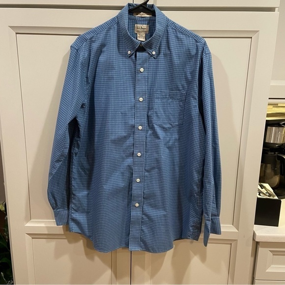 LL BEAN blue check wrinkle resistant dress shirt size medium - Picture 1 of 3